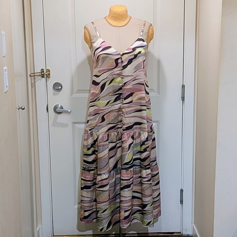 EUC Ted Baker 4 Warrenn Silky Abstract Print Ruffled Flowy Dress